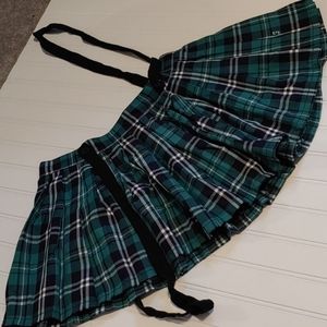Green plaid suspender strap mini skirt